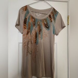 Feather Print Beige T-Shirt size M